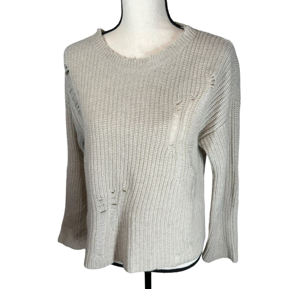 Autumn Cashmere Beige Cashmere Distressed Crew Neck Sweater Medium